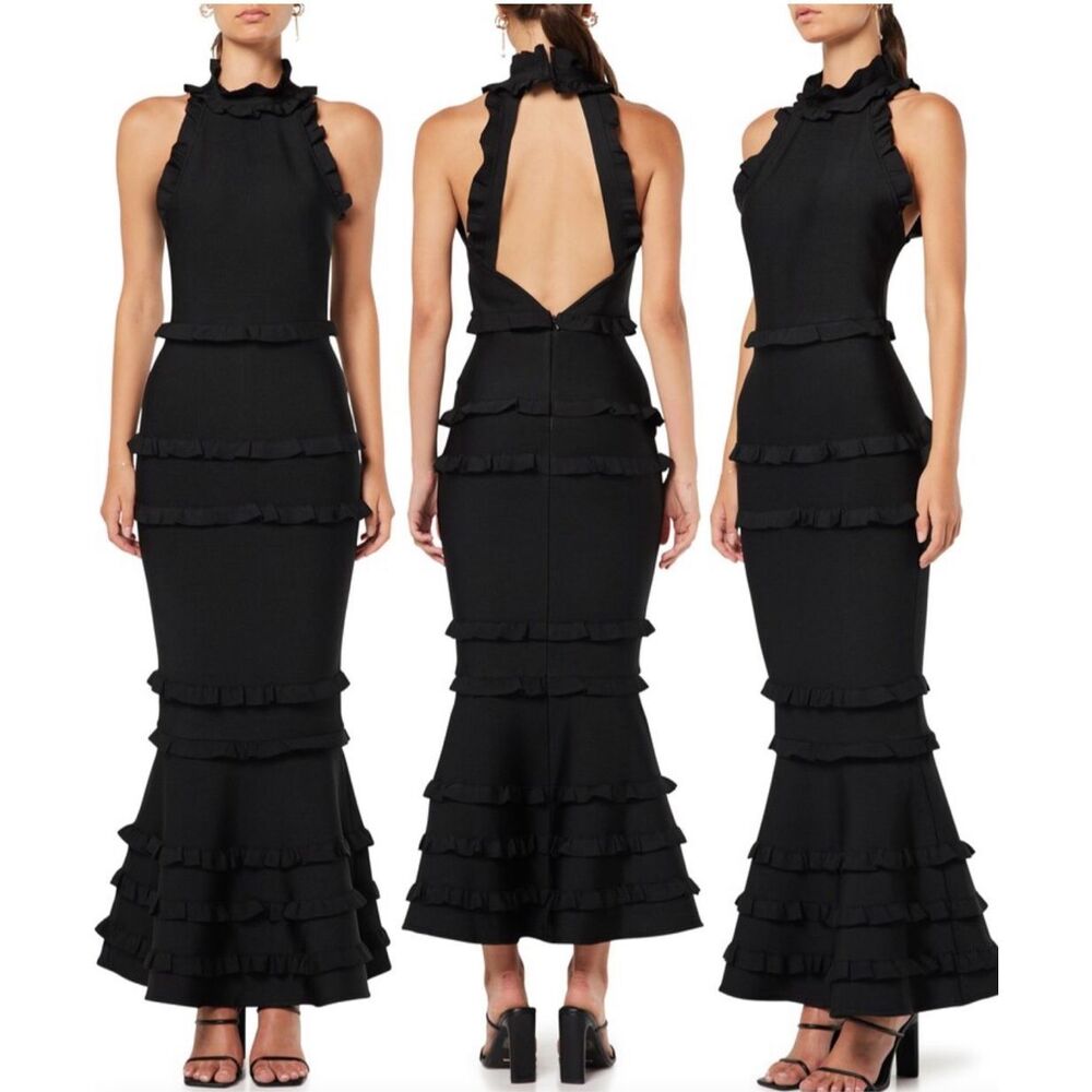 Elliatt Theatrical Mermaid Evening Maxi Dress Black Layered Ruffle size XS NWT